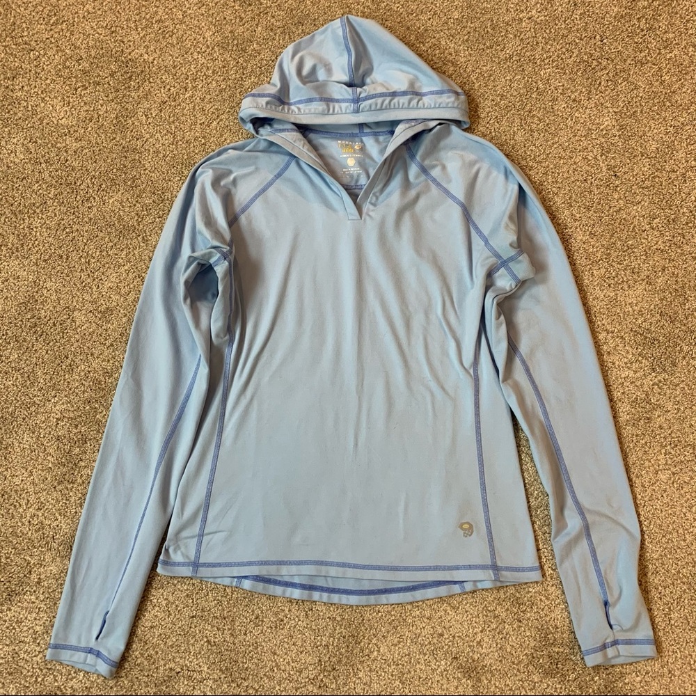 MOUNTAIN HARDWEAR Powder BLUE Pullover HOODED Hiking TOP Hoodie SHIRT  M